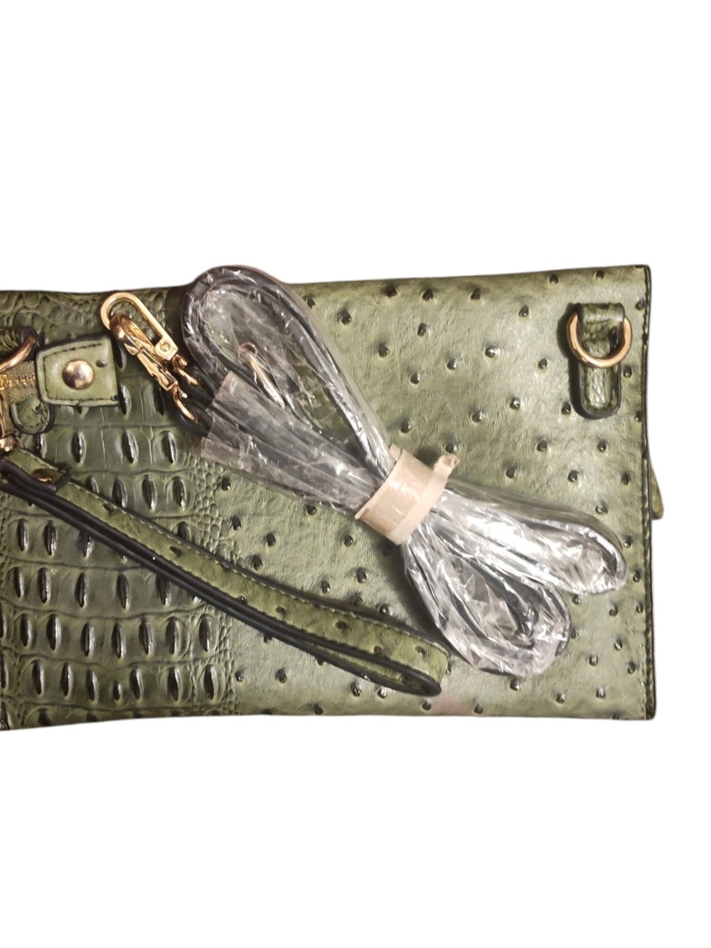 Olive Green Croc-Textured Convertible To Crossbody/ Clutch with Gold Hardware